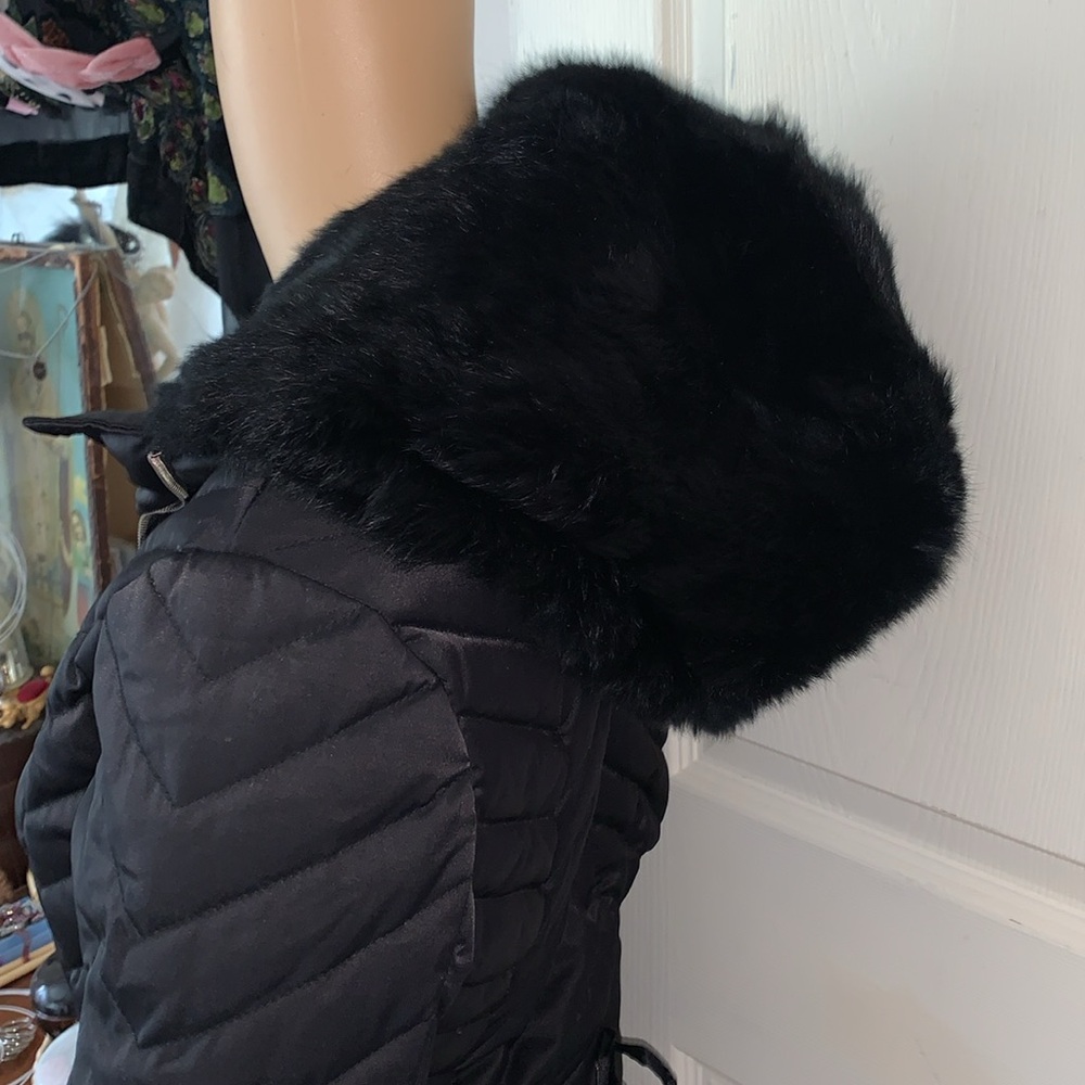 Bebe RARE Y2K Lace Up corset HOODED DOWN Fill Genuine Rabbit FUR jacket M🇨🇦 - Picture 10 of 15